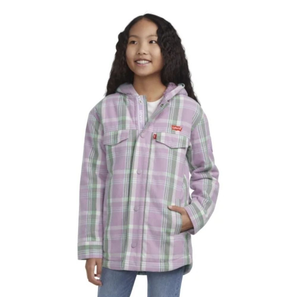 Levi's Youth Girls Hooded Fleece Lined Flannel Shirt Jacket Purple Plaid S (7-8)